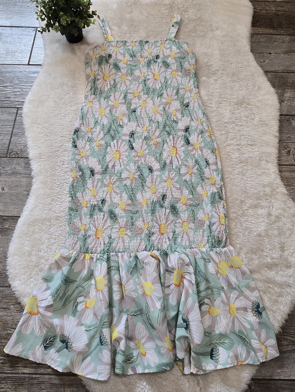 PrettyGarden Geen Floral Daisy Smocked Mermaid Ruffle Midi Dress, Size XL